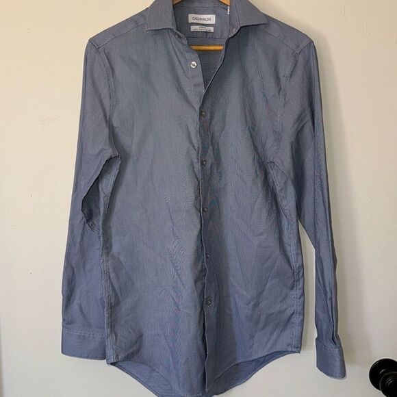 Calvin Klein Slim Fit Stretch Non-Iron Dress Shirt 14‎ 1/2 Blue Mens - Picture 4 of 11